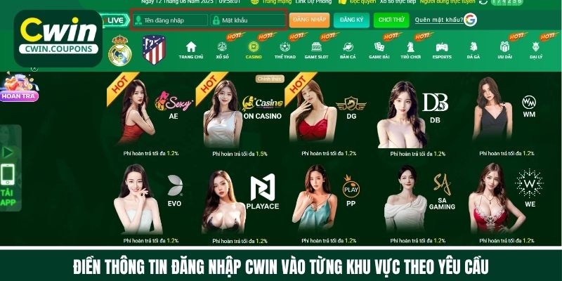 Điền thông tin đăng nhập Cwin vào từng khu vực theo yêu cầu