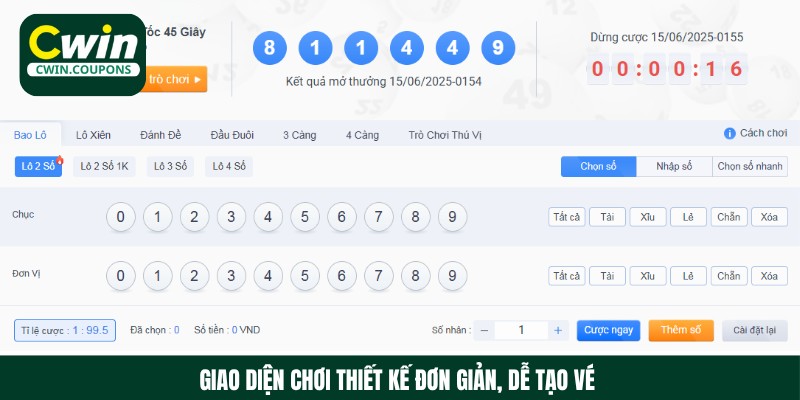 Giao diện chơi xổ số online thiết kế đơn giản, dễ dàng tạo vé